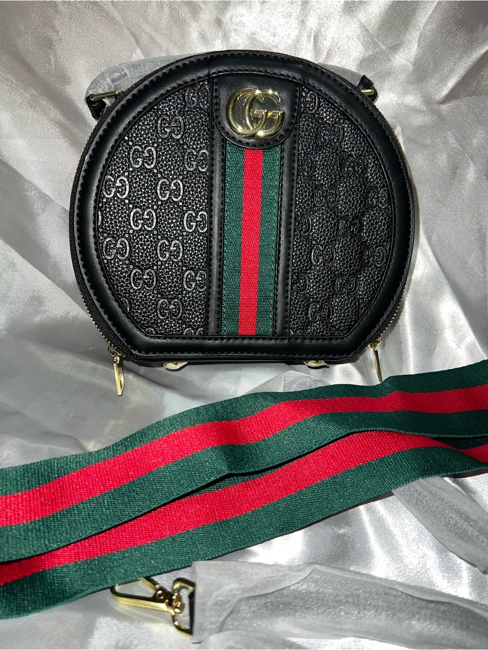 Inspired Black GG Embossed Round Crossbody with Green-Red Stripe - Picture 3 of 6
